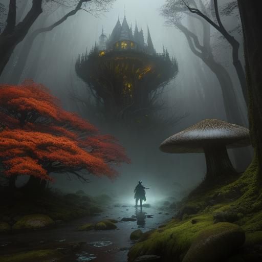 Mystical Forest Figure Falling: Fantasy Concept Art