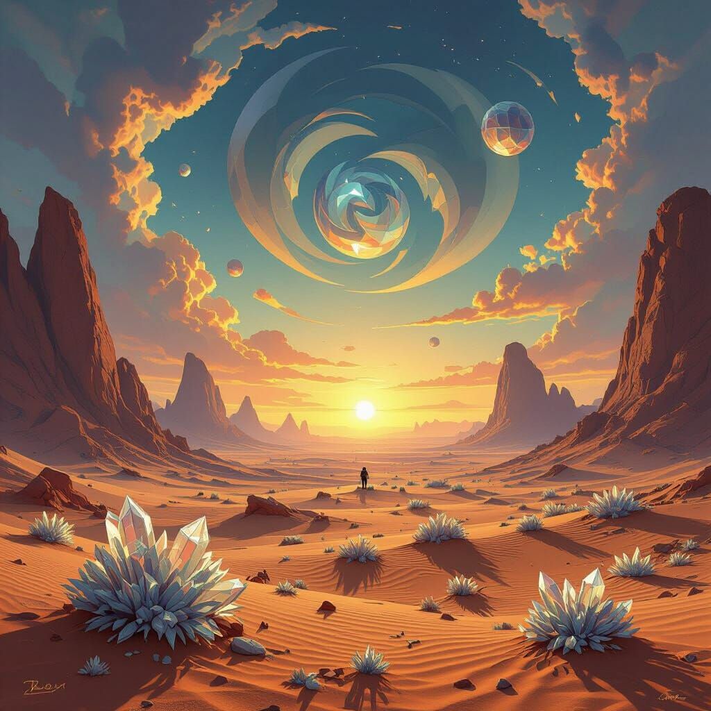 Alien Desert Landscape With Geometric Sky and Monoliths