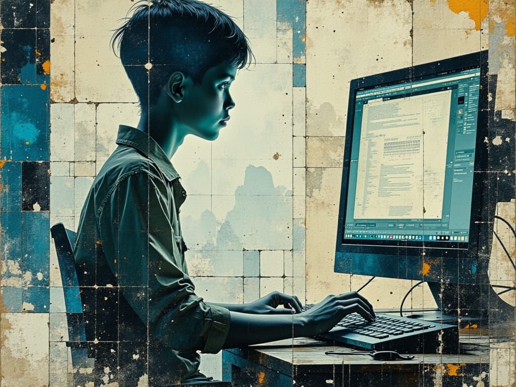 <lora:Akimora:1.0> Eine detaillierte Collage, die verschiedene Medien miteinander vereint, um das Gefühl eines Jungen da...