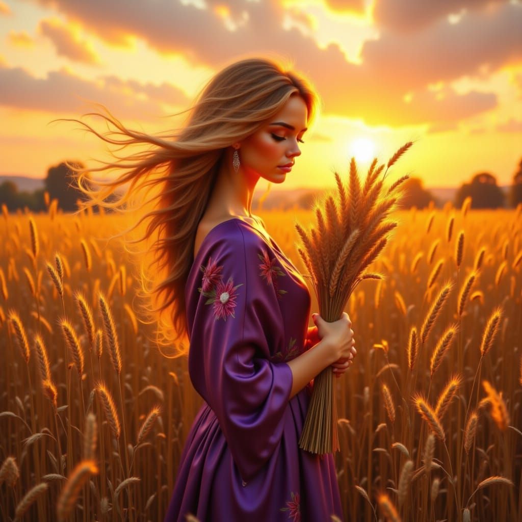 Woman in Wheat Field at Sunset: Ethereal Art
