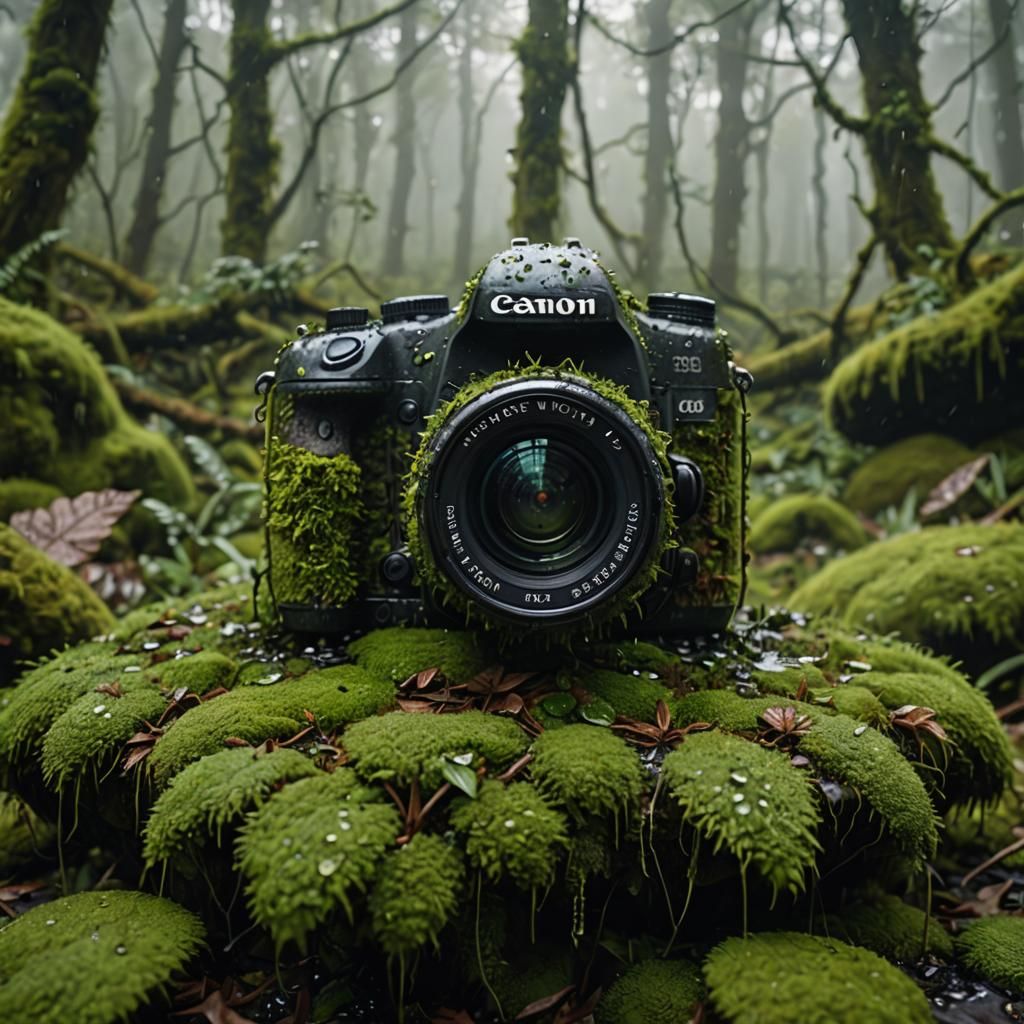 Mossy Canon Camera in Foggy Forest: Realistic Photo