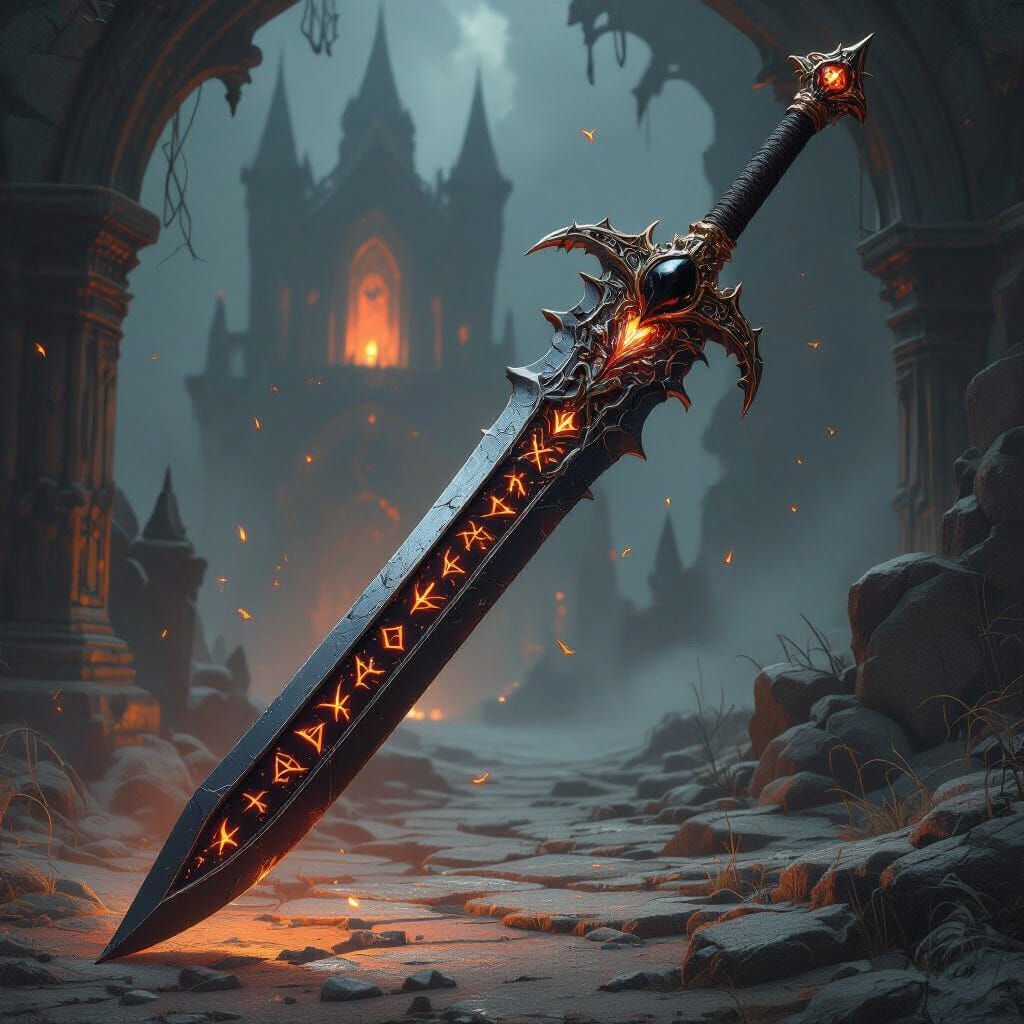 Daedric Obsidian Long Sword with Glowing Runes