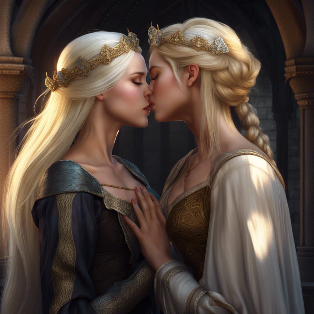 Medieval Fantasy Princesses Kissing in Dark Fantasy Style