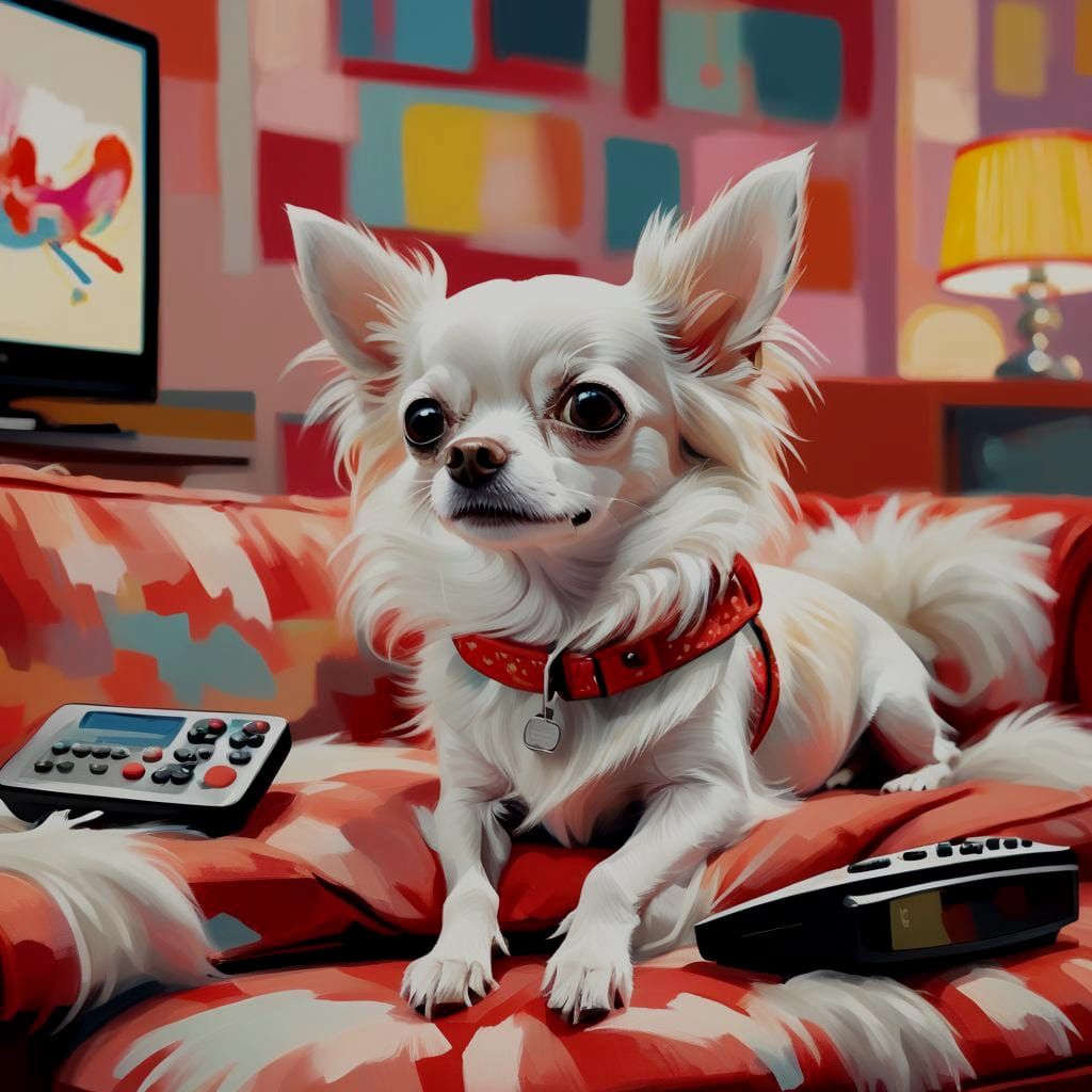 Chihuahua Lounging on Red Couch