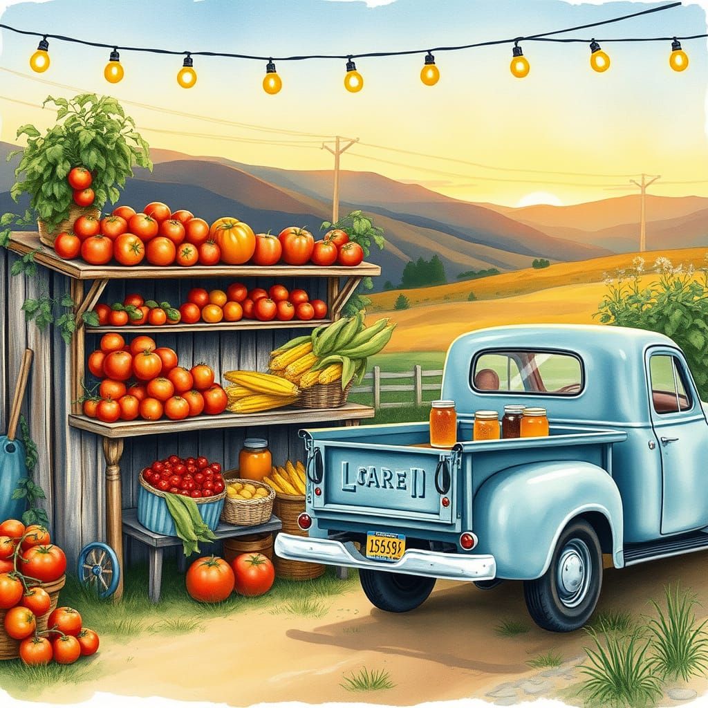 Watercolor Farmstand at Dusk with Vintage Truck
