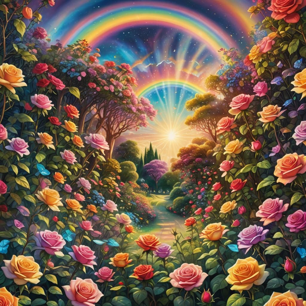 Rainbow Over Rose Garden: Astral Cosmic Illustration