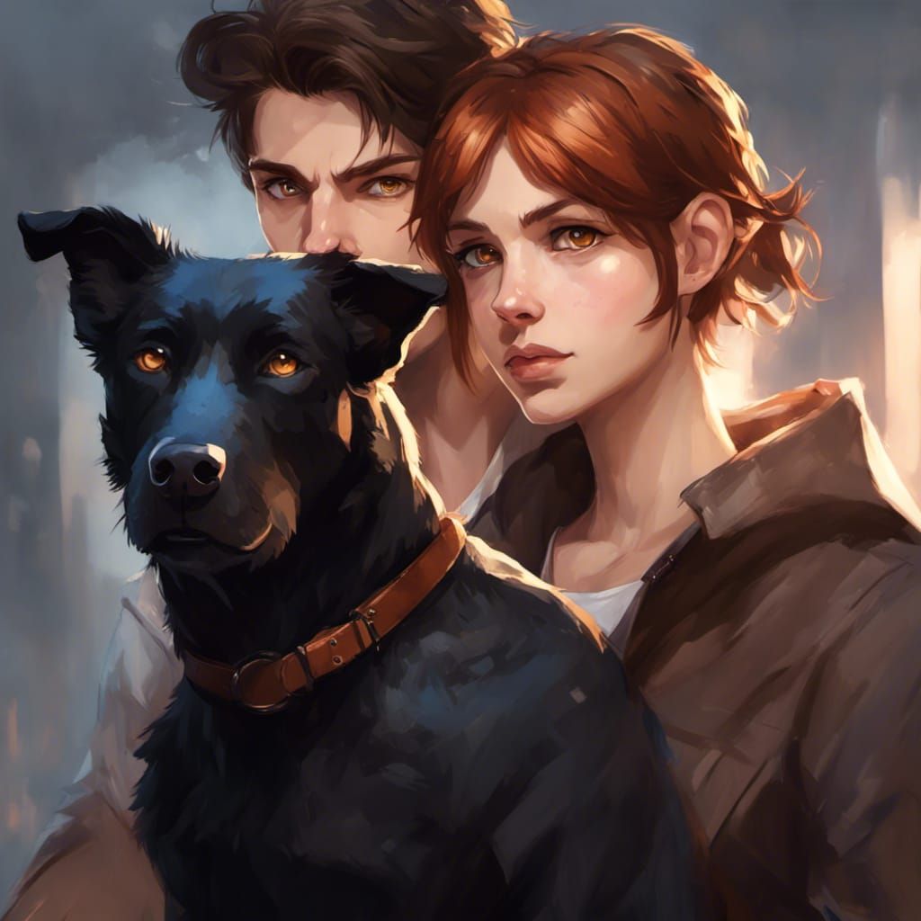 Anime Couple Portrait with Dog, Detailed Digital Art