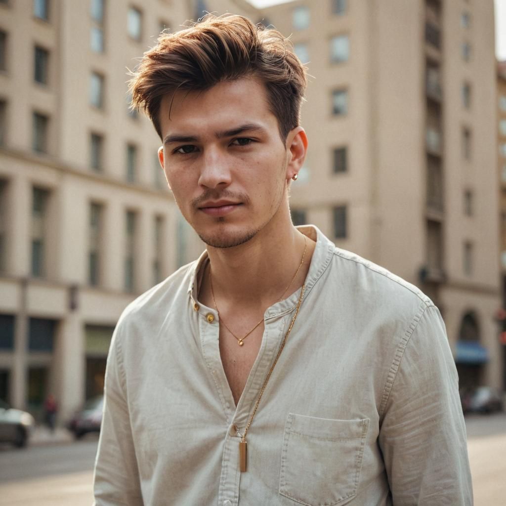 Urban Portrait: Man with Necklace in Cityscape