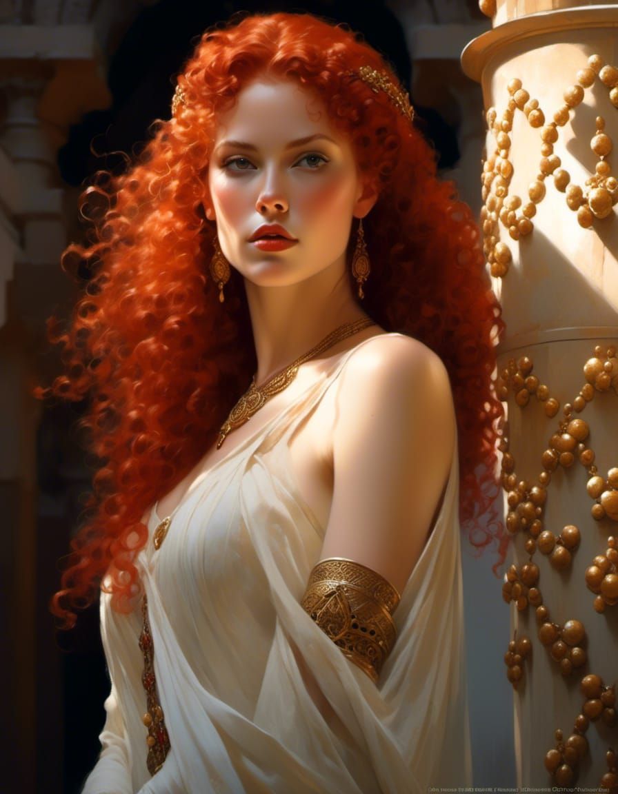 Red-Haired Goddess Portrait with Dagger, Hyperrealistic Art