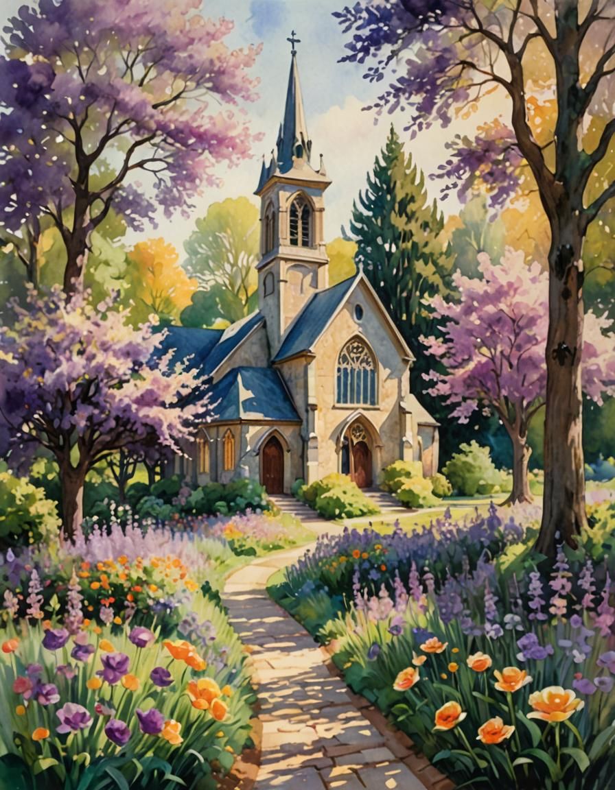 Country Church with Flower in Impressionist Style
