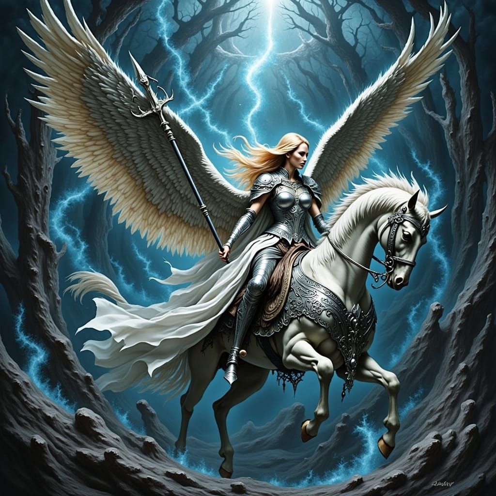 Ethereal Warrior Maiden Rides Through Celestial Vortex