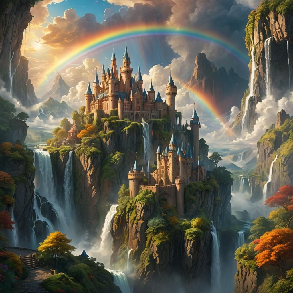 Majestic Floating Castle with Rainbow Waterfall