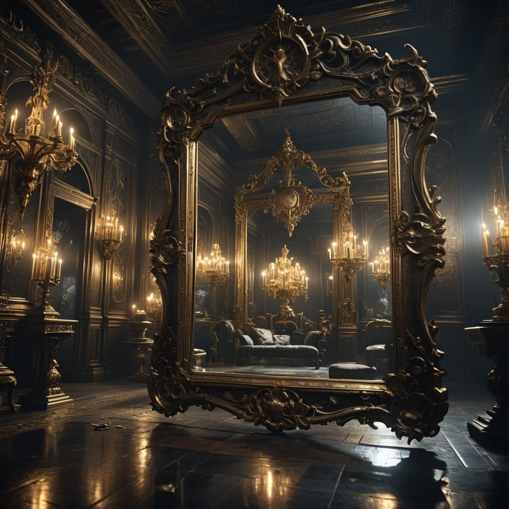 Ghostly Reflections in Ornate Dark Fantasy Mirror