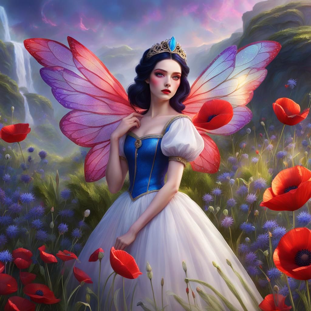 Snow White with Wings in Ethereal Landscape