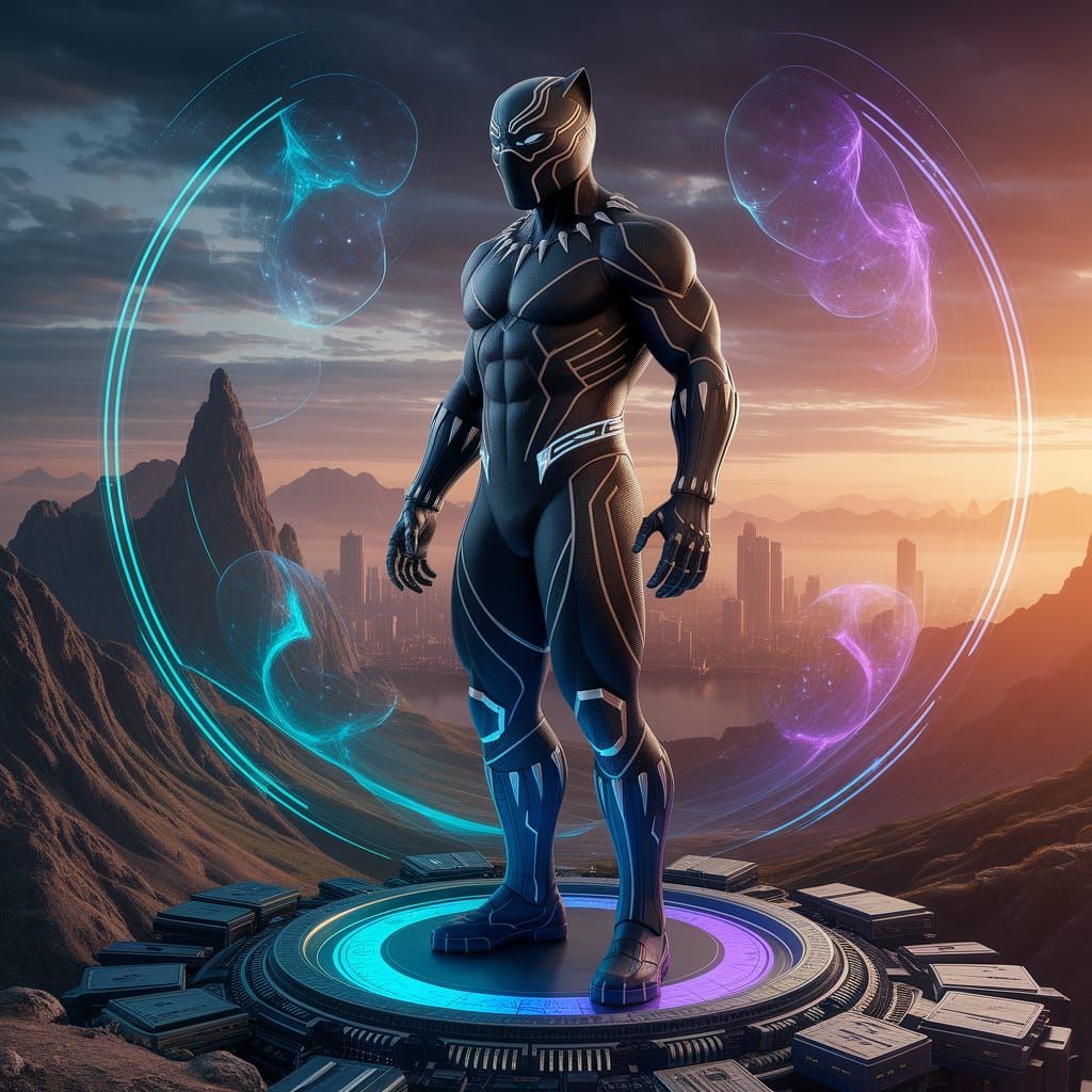 Black Panther Warrior Over Wakanda in Hyperrealistic Style