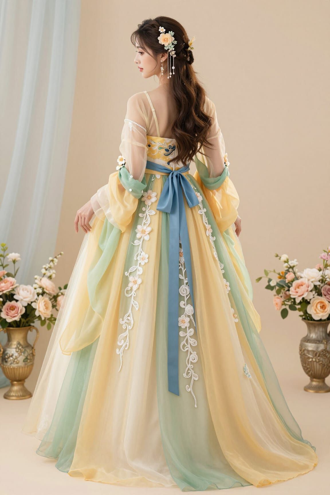 Elaborate Yellow and Green Gown with Floral Accents