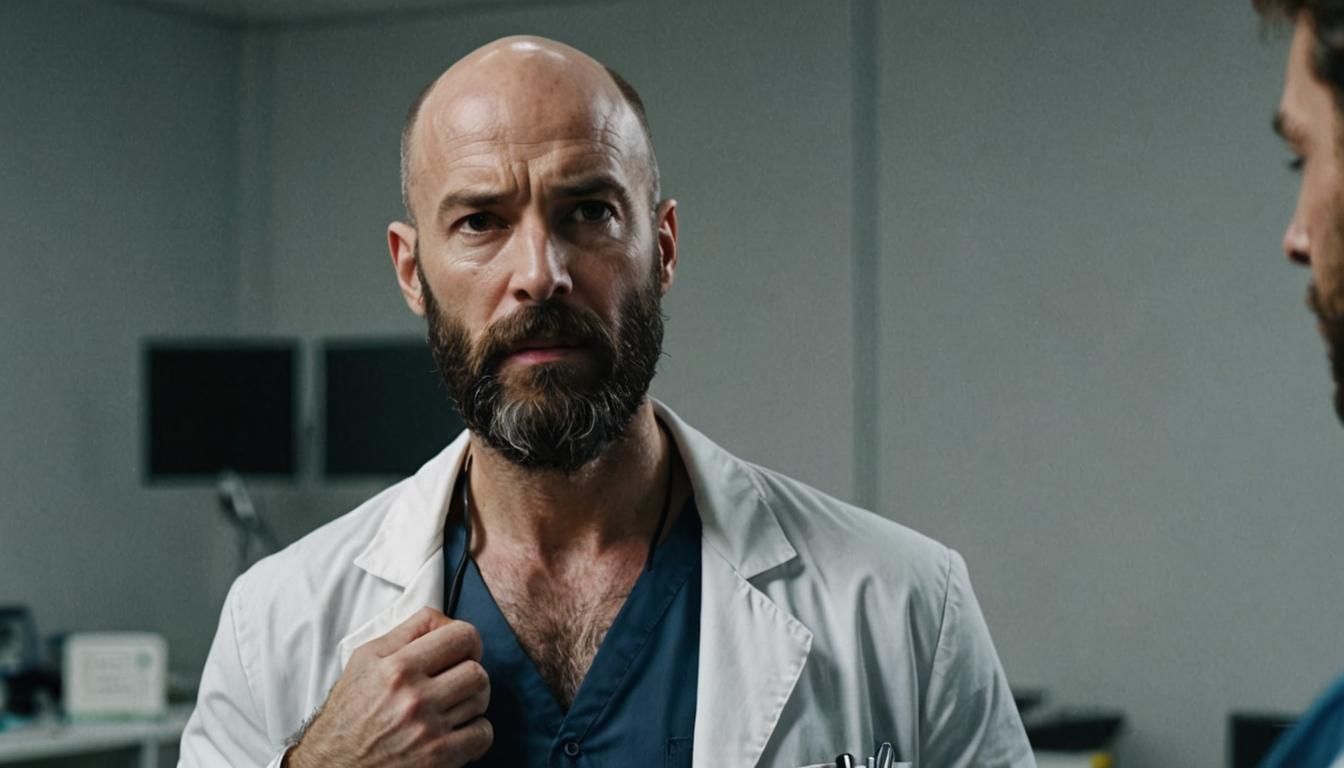 Appealing Doctor Listening to Heartbeat in Cinematic Still