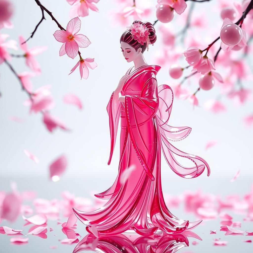 Ethereal Pink Glass Geisha with Sakura Orbs