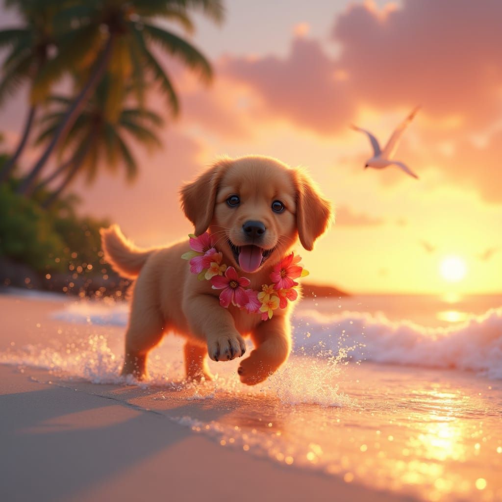 Golden Retriever Puppy Frolics on Tropical Beach at Sunset