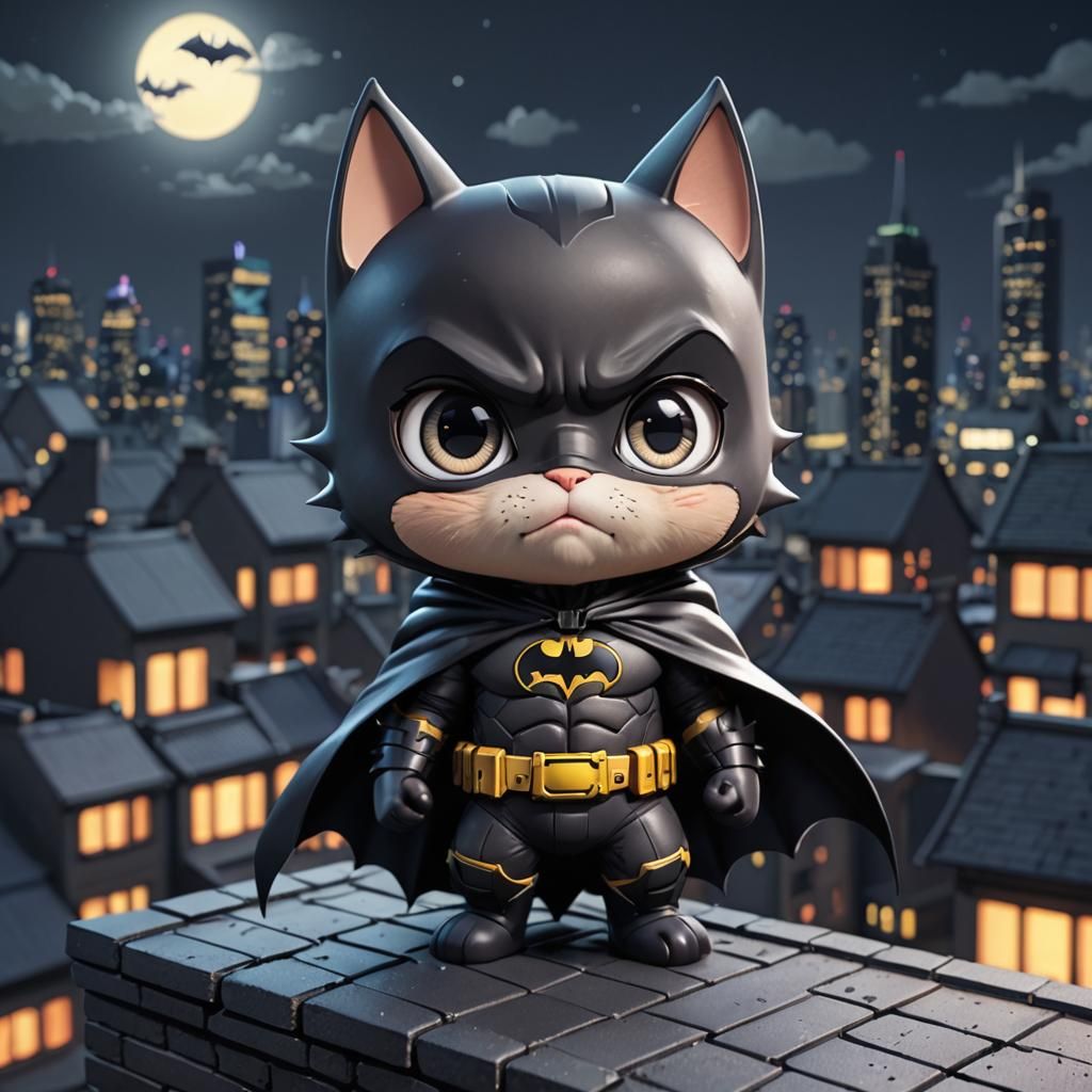 Chibi Batman-Cat on Gotham Rooftop: Anime 3D Art