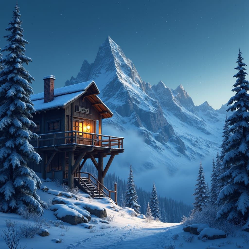 Snowy Mountain Lookout at Night: Matte Painting