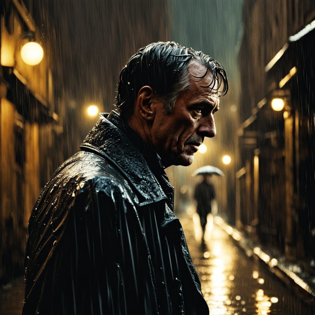 Lonely Man in Rainy Alley: A Film Noir Scene