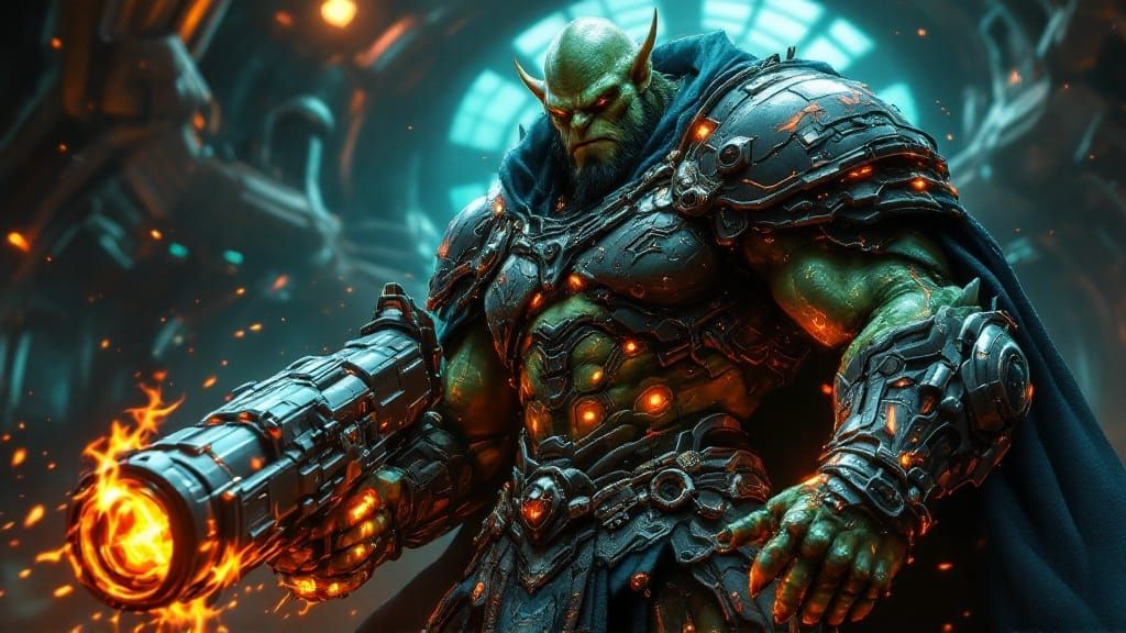 Cyberpunk Orc Warrior in Rococo-Inspired Armor