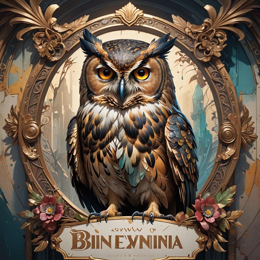 Owl Holds 'Bienvenida' Sign: Detailed Portrait