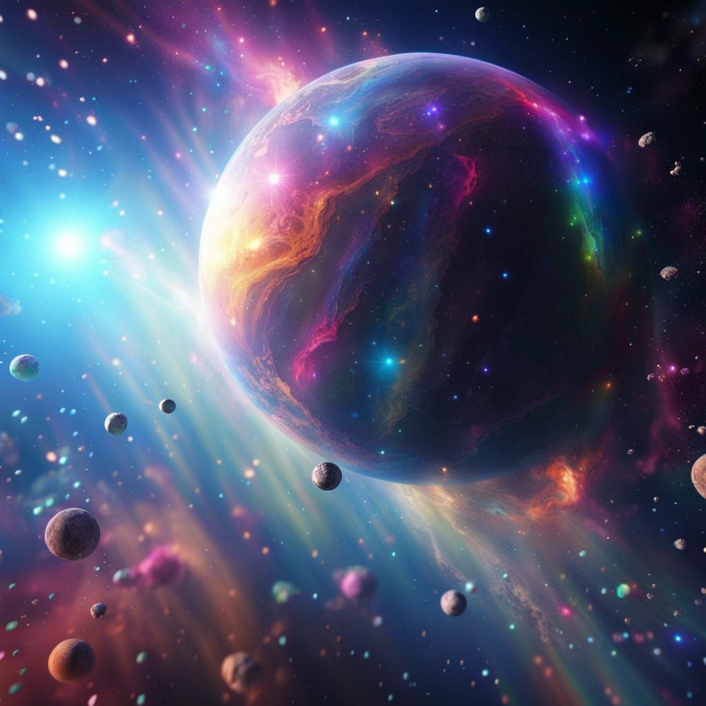 Cosmic Nebula with Rainbow Light Beams in Sci-Fi Style