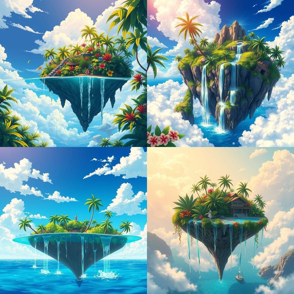 Tropical Island in Celestial Oasis with Cascading Waterfalls