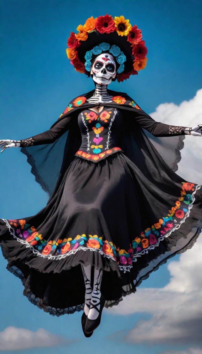 Full bodied shot  of La Catrina, The Spirit of Muerte, embodied as a superhero, flying in the sky