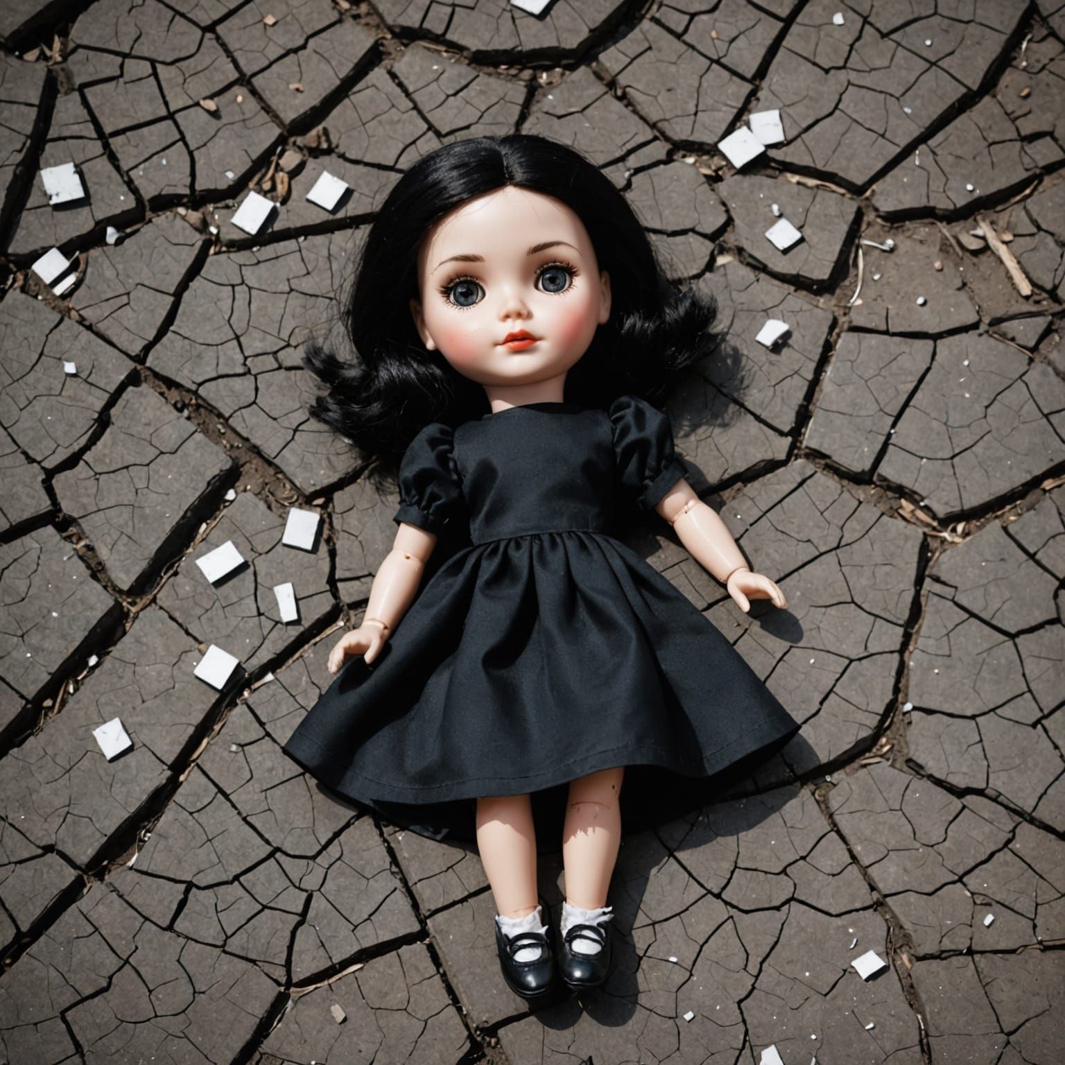 Cracked Doll in Black Dress Lying on Ground
