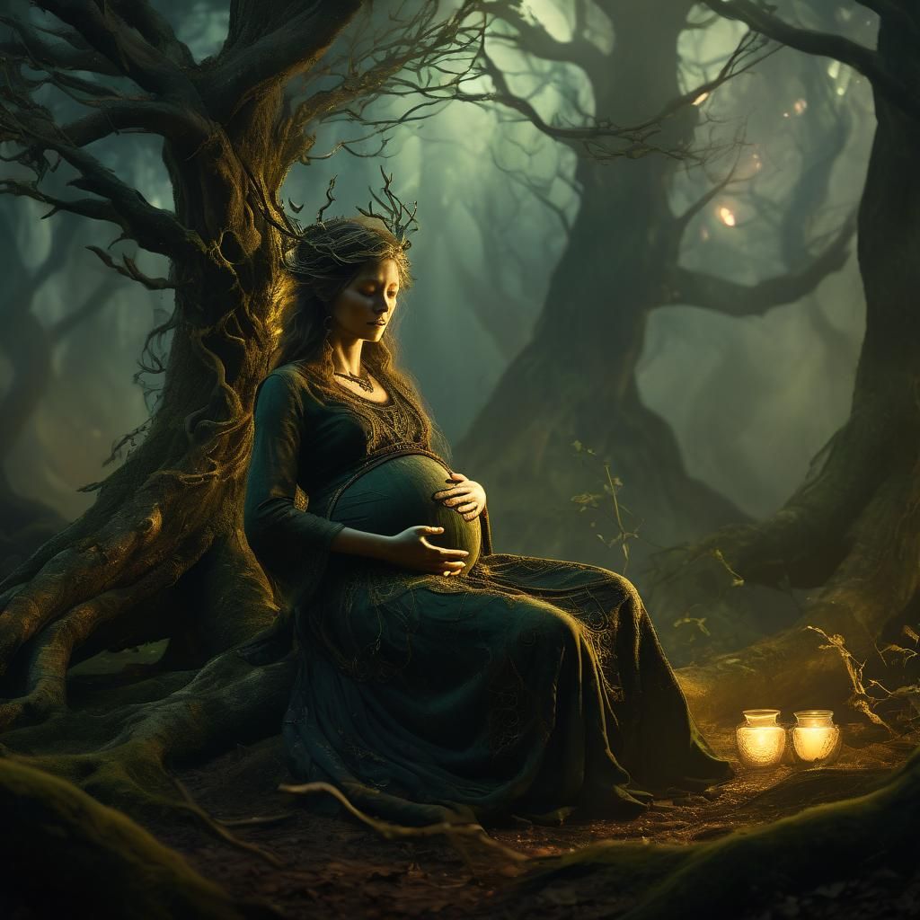 Pregnant Witch in Mystical Forest: Concept Art