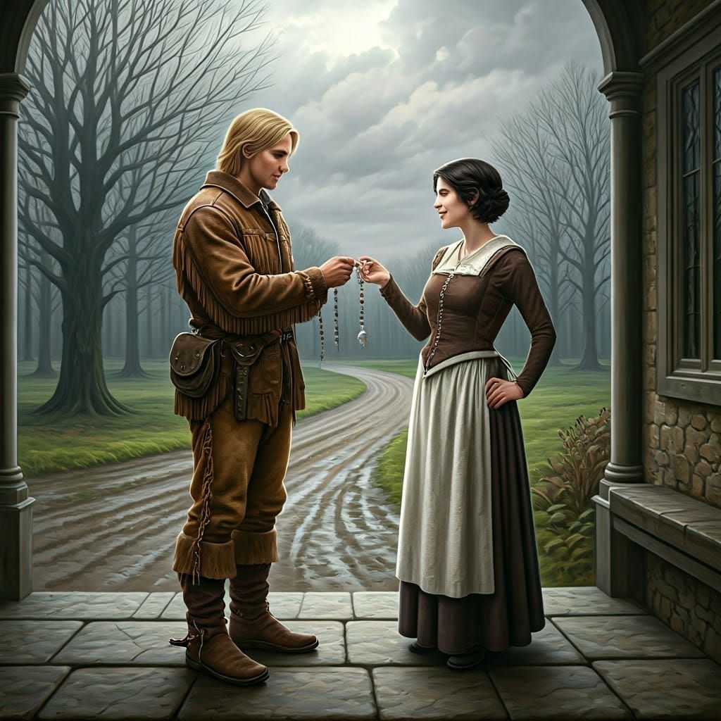 Young Hunter Gifts Crystal Necklace to Delighted Woman in Mu...