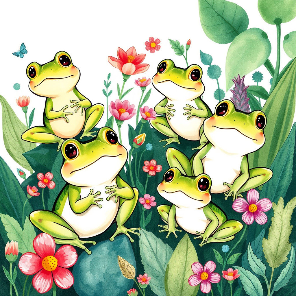 Playful Cartoon Frogs: A Whimsical Watercolor Doodle