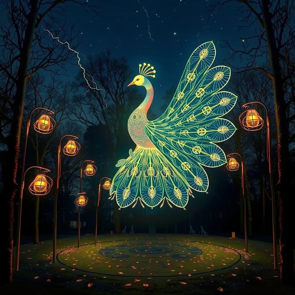 Art Nouveau Peacock Lamp in Starry Forest