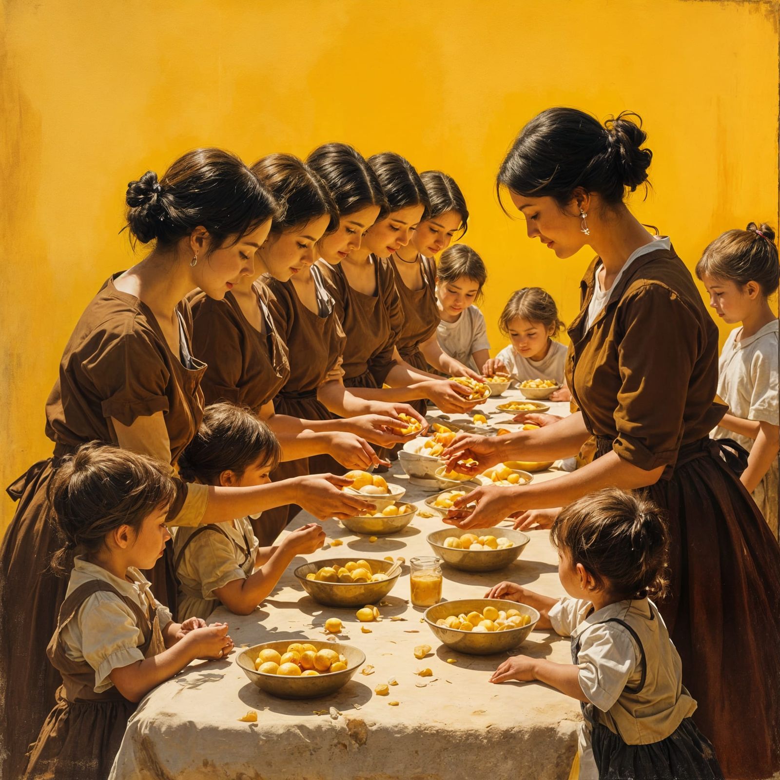 Women Serve Food to Orphanage Children in Oil Painting Style