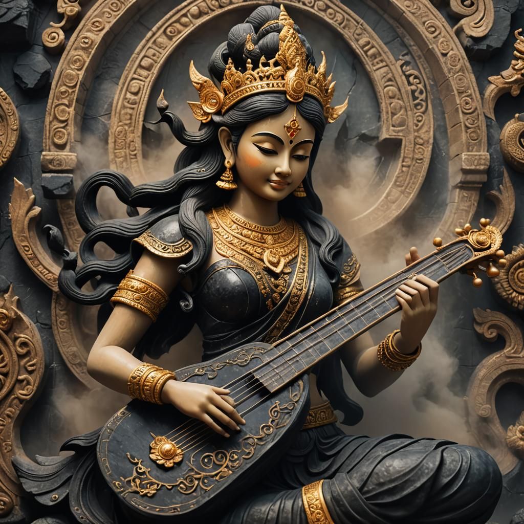 Apsara Carved in Black Granite Stone Playing Veena