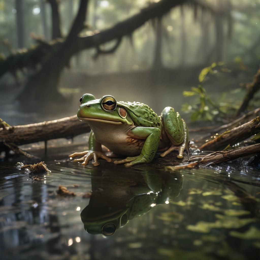 Green Frog in Bayou: Hyperrealistic Wildlife Photography