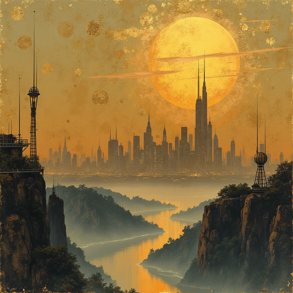 Sci-Fi Metropolis in Art Nouveau Watercolor Style