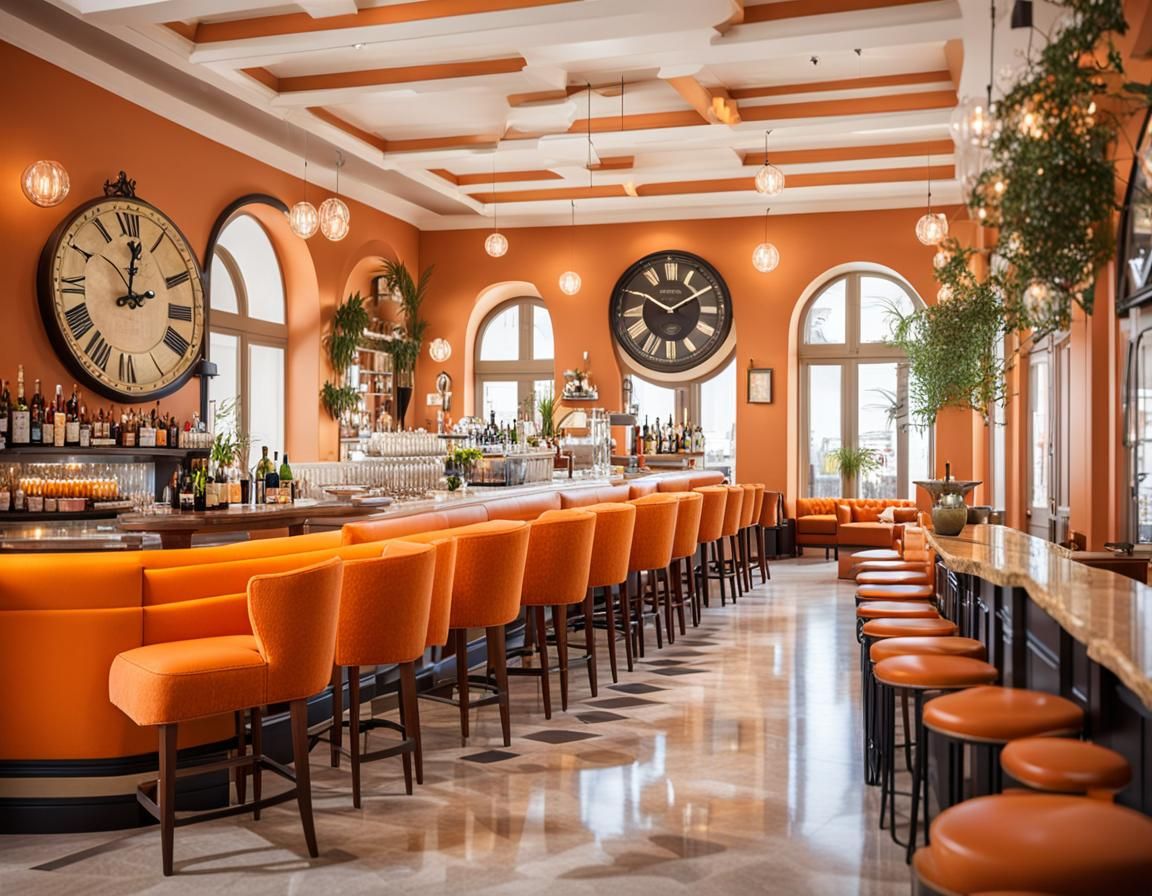 Bright Greek Bar Lounge with Orange Furniture