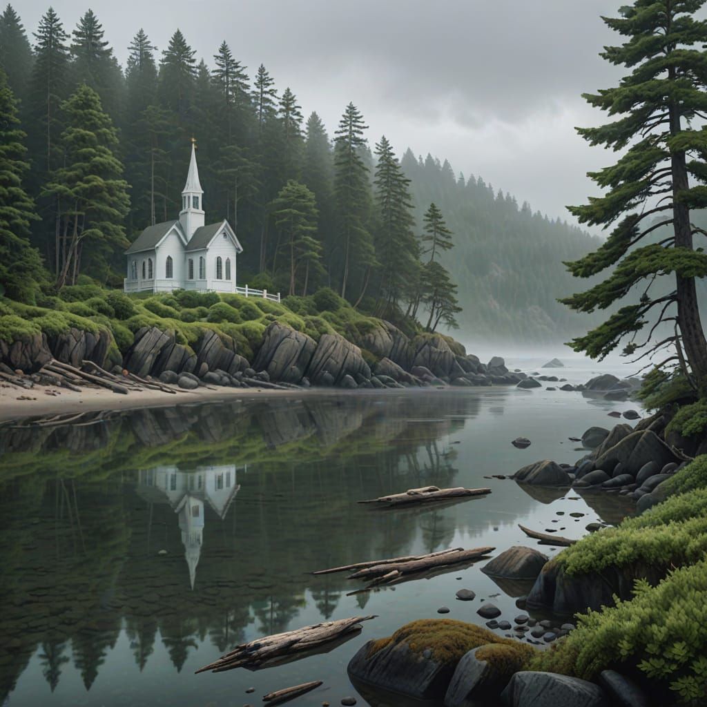 Misty Coastal Town with Mountains and Fog