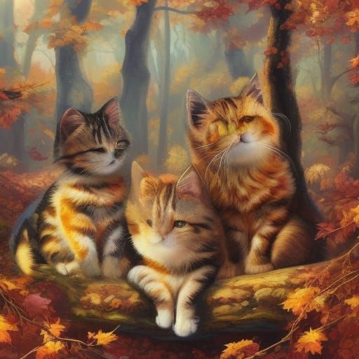 Whimsical Cats Play in Autumn Leaves Oil Painting