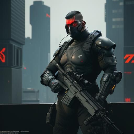 Cyberpunk Mercenary Sniper on Rooftop in the Rain