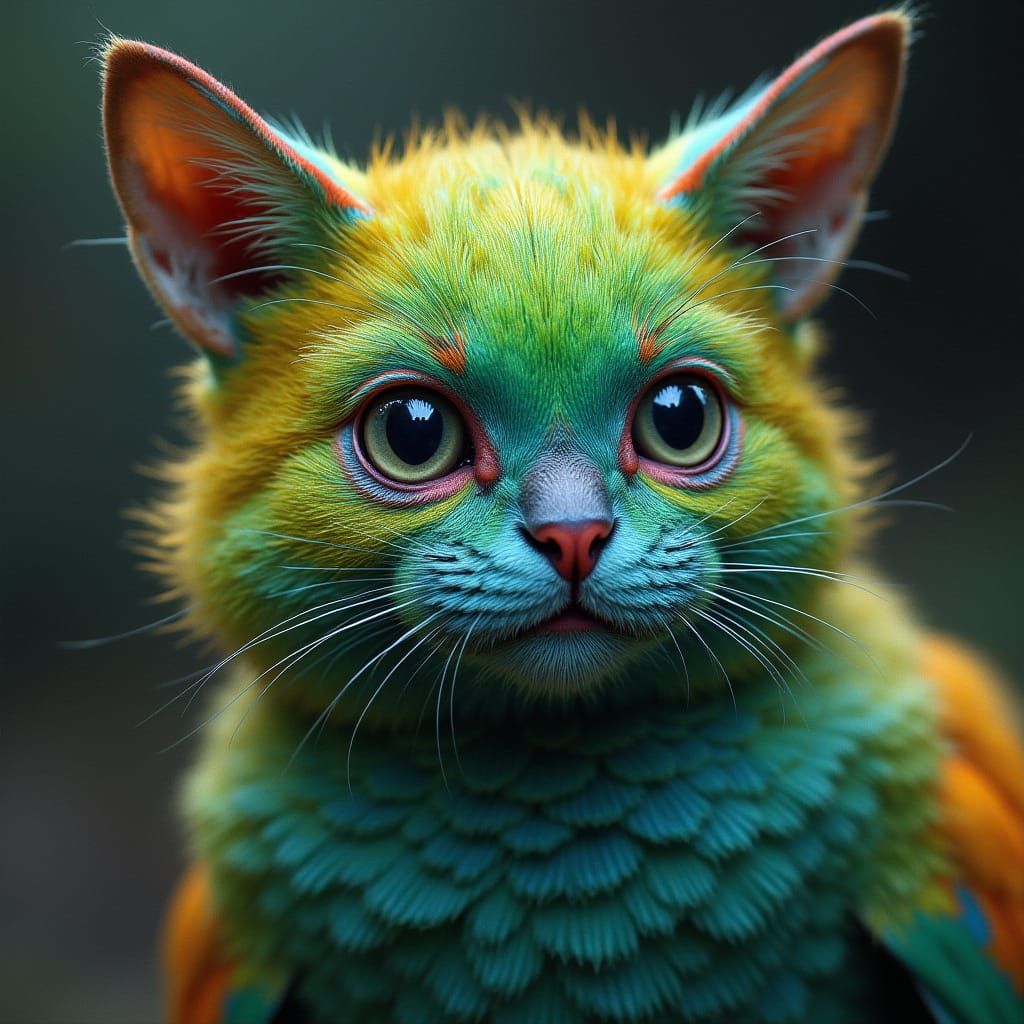 Majestic Avian Feline Hybrid in Vibrant Iridescent Colors