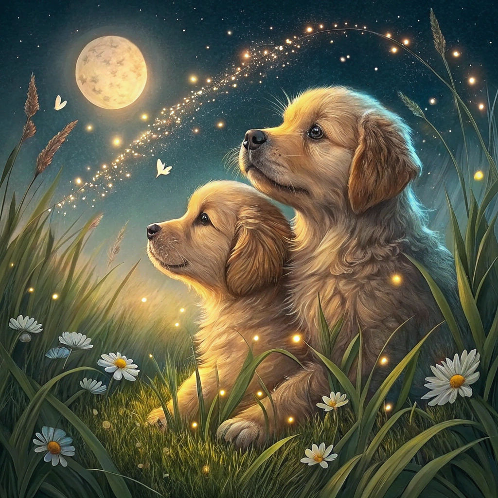 Golden Retriever Puppies Snuggling Under a Starry Sky
