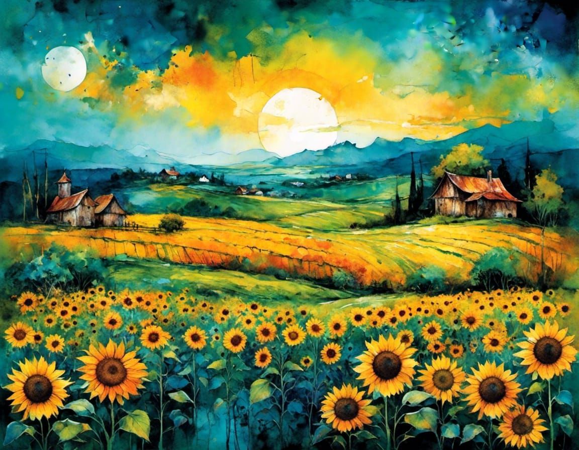 Sunflower Field Moonrise in Digital Alcohol Ink Style