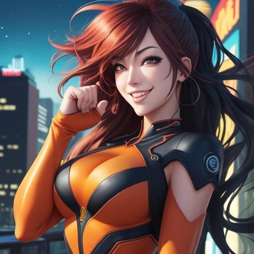 Anime Giantess Celebrates in Vibrant Cityscape