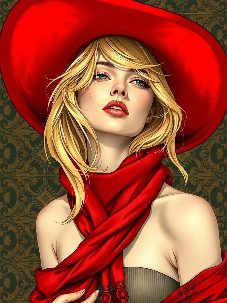 Blonde Woman in Red Hat, Art Nouveau Style