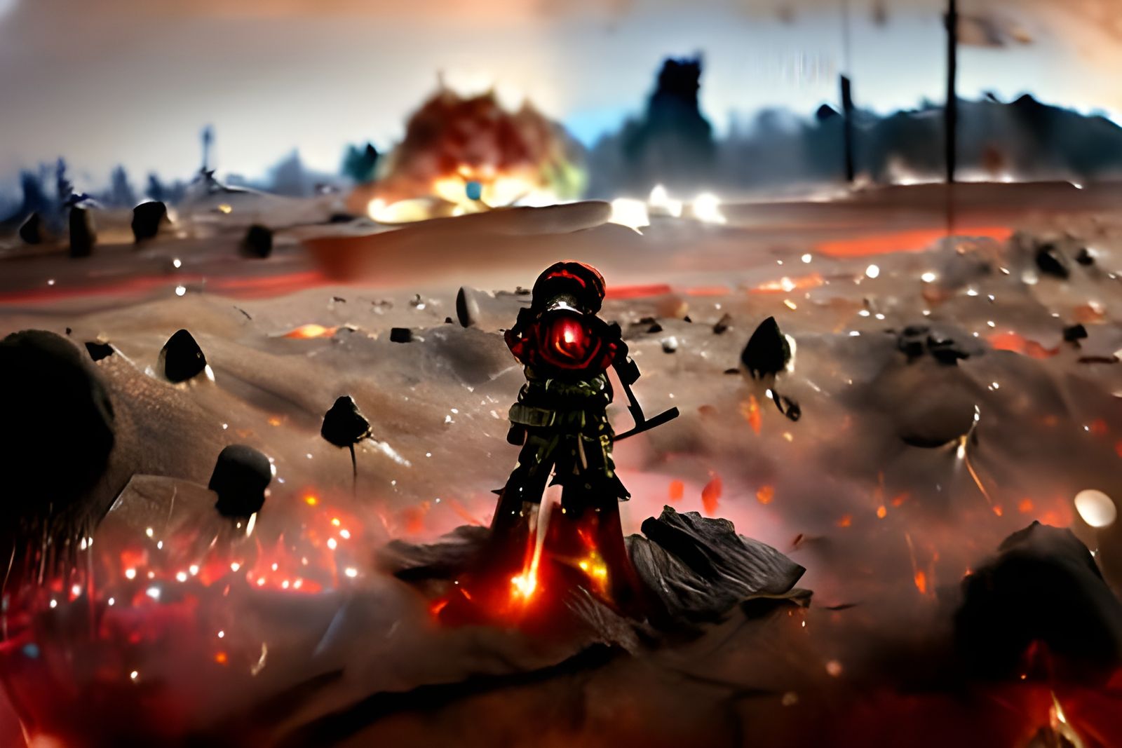 Hellscape Warrior Amidst Explosions on Alien Battlefield